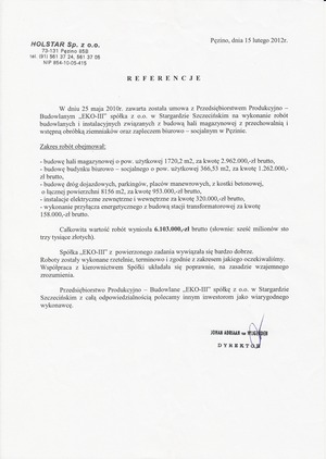 Dokument z referencją od HOLSTAR.